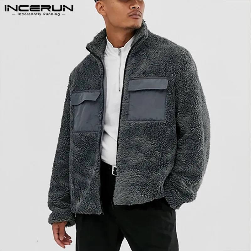INCERUN мужские Куртки Флисовая уличная верхняя одежда с длинными рукавами и карманами на молнии модные пушистые повседневные теплые мужские пальто, куртки 3XL
