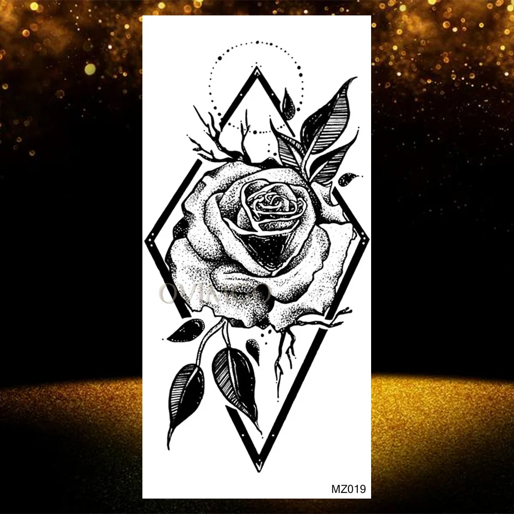 Waterproof Geometric Fake Temporary Arm Tattoos Sticker Black Rose Lily Tatoos Body Art For Women Realistic Peony Leaf Tattoos - Цвет: OMZ019