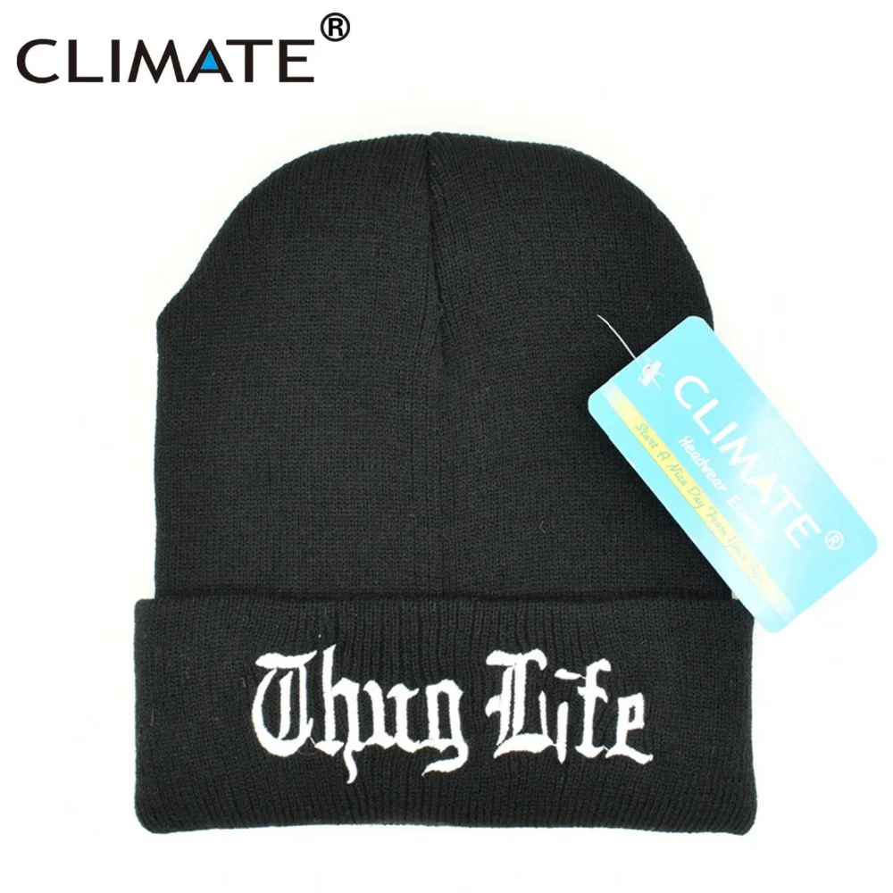 Черная Шапка-бини с принтом THUG LIFE, зимняя теплая вязаная шапка Skullies Beanie, повседневная крутая Черная шапка в стиле хип-хоп, теплая шапка для мужчин и женщин THUG LIFE