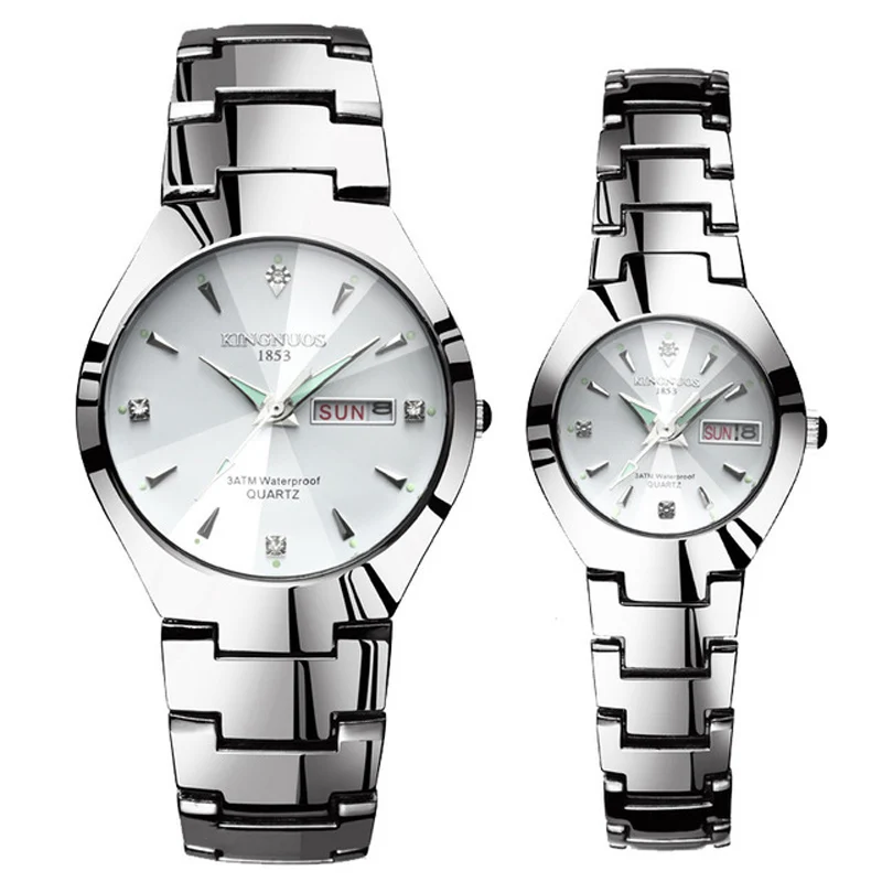 Couple Silver White Часы для влюбленных Роскошные Кварцевые наручные часы для мужчин и женщин Hodinky Dual Calender Week steel Saat Reloj Mujer Hombre парные часы - Цвет: Couple Silver White