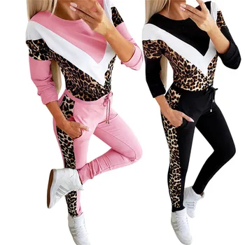 

Leopard Color Patchwork 2020Sexy Slim Women 2 Piece Set Long Sleeve Top+Drawstring Pocket Pencil Pant Casual Streetwear Suit
