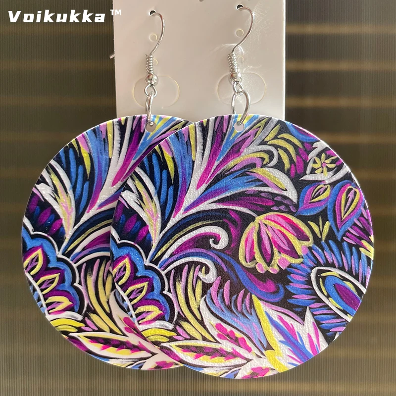 Voikukka Jewelry Hot Sale 6 CM Circle Both Sides Printing A Painted Floral Pattern Wooden Drop Dangle Women Earrings For Gifts