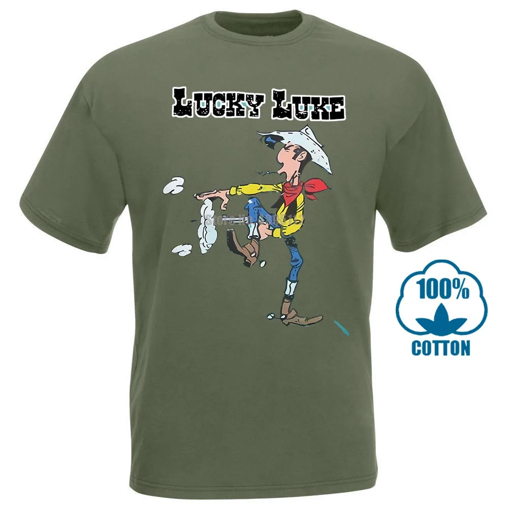 Lucky Luke Comics ковбой Уайлдер Вестерн Прохладный Лето Мужская Новая футболка Личность граффити - Цвет: Армейский зеленый
