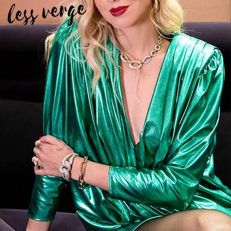 Lessverge элегантная драпировка зеленое атласное платье для женщин глубокий v-образный вырез с длинным рукавом облегающее платье осень зима сексуальное красное рождественское платье