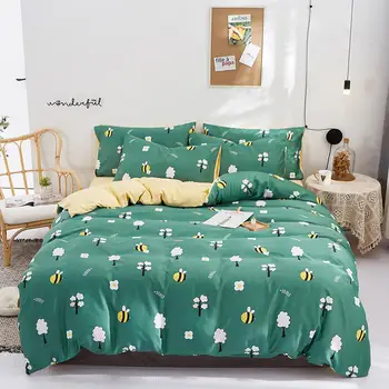 

Satin Silk Bed Linen Silk Bedding Sets 3/4pcs Queen King Size Bee Printed Duvet Cover Twin Bedclothes Pastoral Bed Sheets