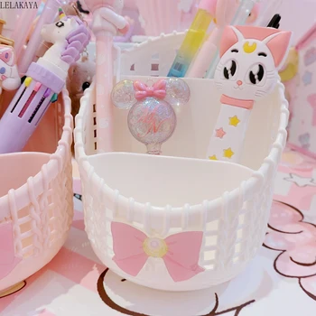 

Kawaii Pink Bowknot Hollow Pen Holder Sailor Moon Card Captor Sakura Plastic Storage Box Bucket Desktop Makeup Brush Organizer