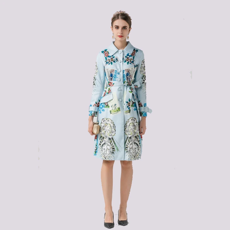 Модное шоу ropa mujer осенне-зимние пальто и куртки для женщин с длинным рукавом винтажный ремень Поддельные карманы печати feminina vestidos