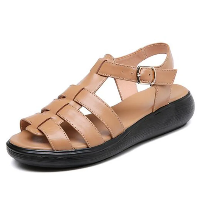 

2021 New Plus Size Cowhide Summer Open Toe Sandals Women Sandals Flat Thick Sole Comfortable Sandals Casual Shoes Roman Sandals