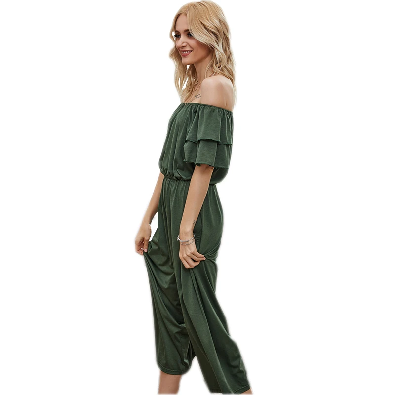 Sexy Off Shoulder Tiered Ruffle Sleeve Wide Leg Jumpsuit for Women Elegant Ladies High Waisted Wide Leg  Summer Jumpsuit