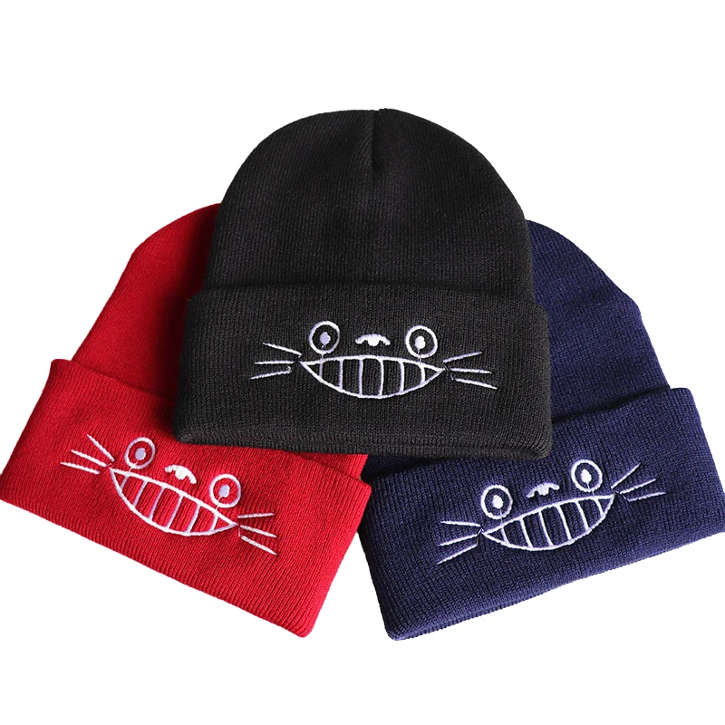 Зимние и осенние вязаные шапки-унисекс с вышивкой Тоторо для женщин, лыжные уличные теплые шапки с конским хвостом для мужчин W93