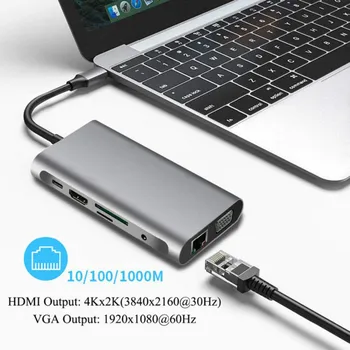 

10 in 1 USB-C HUB Type C HUB to USB 3.0 Thunderbolt 3 HDMI 3.5mm Audio RJ45 Adapter for MacBook Pro Samsung Galaxy S9 USB C HUB
