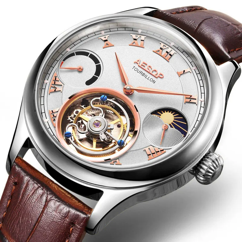 Лидирующий бренд, Мужские Оригинальные настоящие Tourbillon часы, многофункциональные, с двумя часовыми поясами, с Луной, фазой, светящиеся, мужские деловые часы - Цвет: Brown white