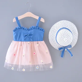 

Baby Summer Slip Dresses Jeans Joint Mesh Denim Stitch Floral Lace Dress Send Hat Bow Tops Party Outfits Beach Clothes