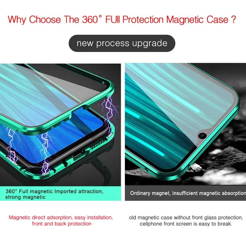 Double Sided Tempered Glass For Redmi Note8 8pro Metal Magnetic Adsorption 360 Full Protection Flip Cover for Xiaomi Note8 shell 3