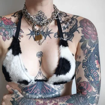 

2020 Ladies Sexy Milk Cow Skin Print Warm Corduroy Mini Bra Crop Top Women Bow Lace Up Halter Camis Backless Party Club Tanks
