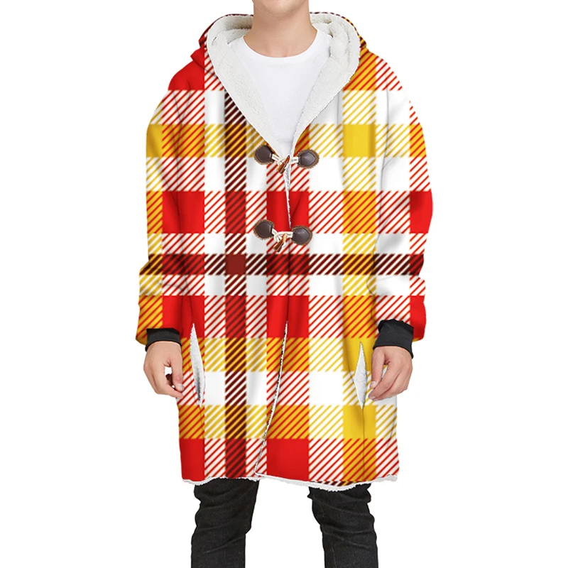 YOUTHUP New Winter Mens Long Velvet Hoodies 3D Different Plaid Printing Hooded Pullovers Thick Hoodies Streetwear