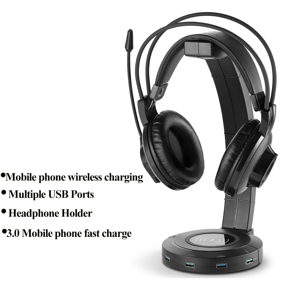 befon RGB Headphones Stand with 4 USB Ports Support Wireless Charging Headphone Holder for Gamers Gaming PC Accessories Desk