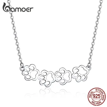 

bamoer Paw Footprint Choker Necklace for Women Genuine 925 Sterling Silver Cute Pets Animal Collier Fine Jewelry GXN346
