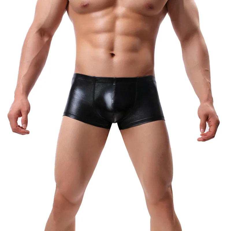 

New Homme Boxers Panties Lingerie Faux Imitation Leather Shorts Boxershorts Underpants Gay Underwear Classical Solid Shorts