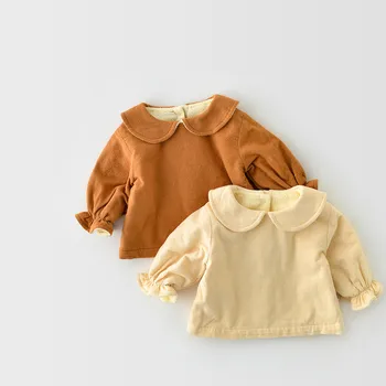 

5561 Winter 2020 Baby Girl Cotton Hemp Shirt with Fleece Long Sleeve Peter Pan Collar Baby Girl Fleece Shirt Tops 0-2T Kids Tops