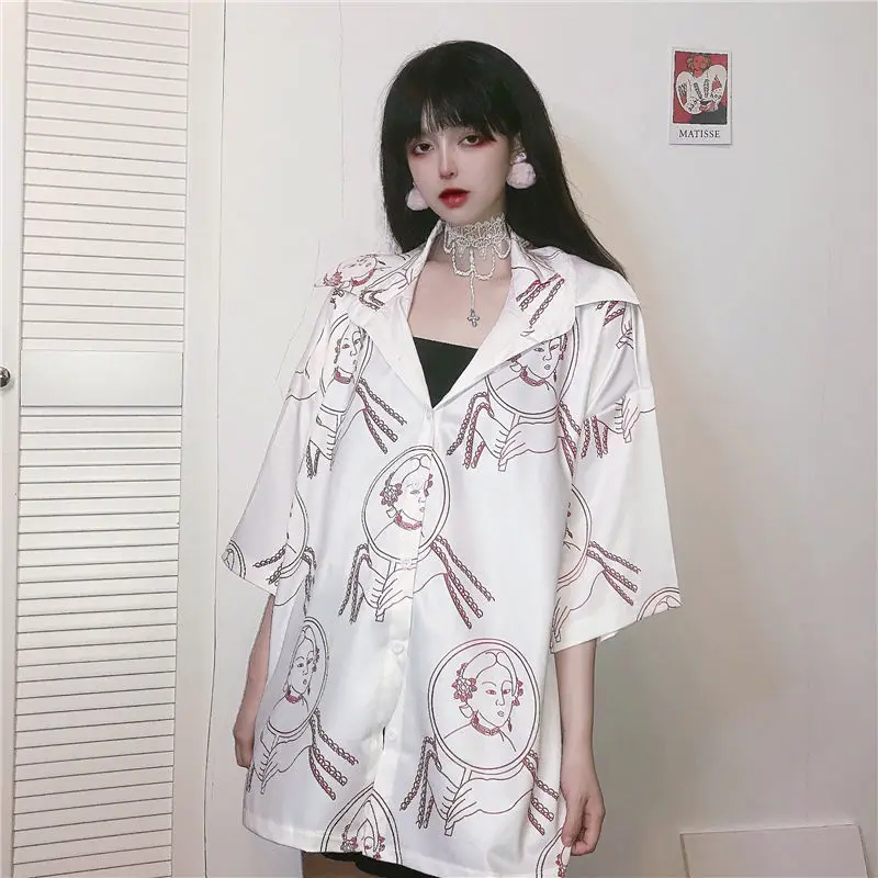 

sunscreen half-sleeved blouse for women 2020 spring new beach style retro portrait printed Causal loose student blouse Cardigan