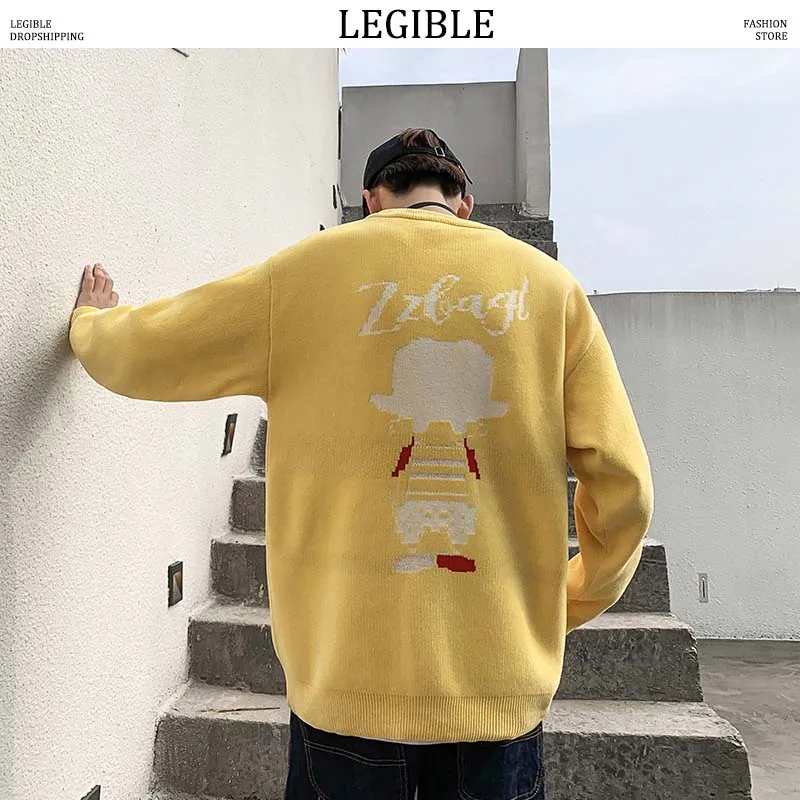 

LEGIBLE 2019 New Autumn Winter Hip Hop Cartoon Sweater Men Casual Loose Thick Mens Sweaters O-Neck Knitting Pullovers Men