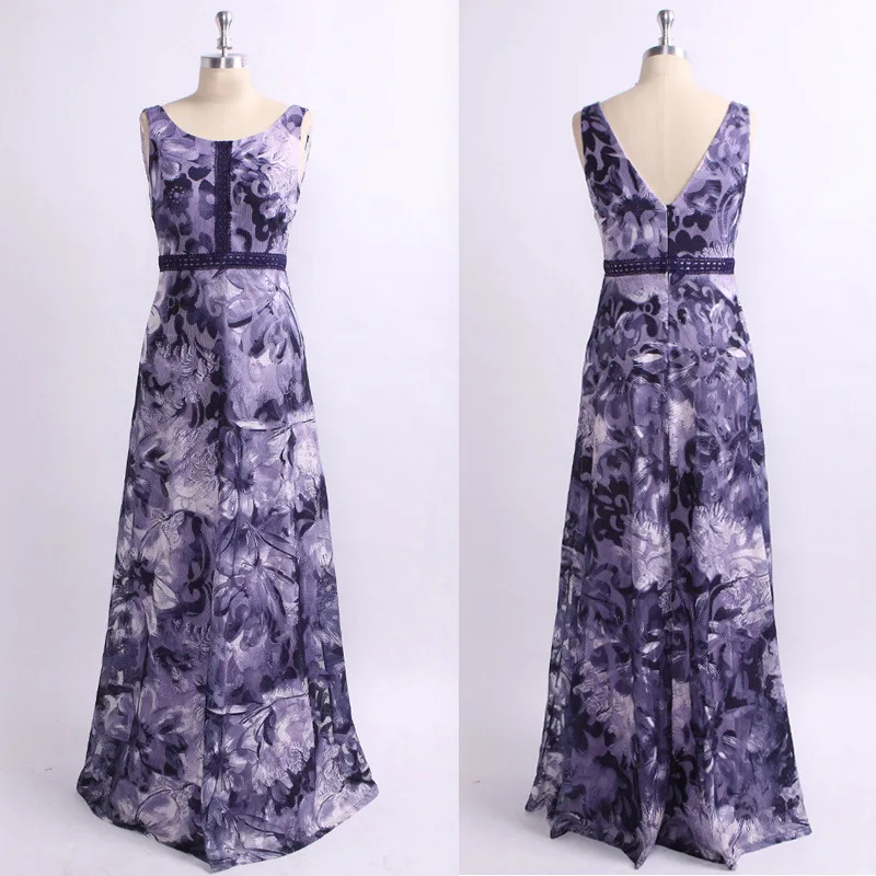 

2020 Summer New Style Purple Printed Elegant Crew Neck Medium Waist Joint Webbing Evening Gown Dress Women's