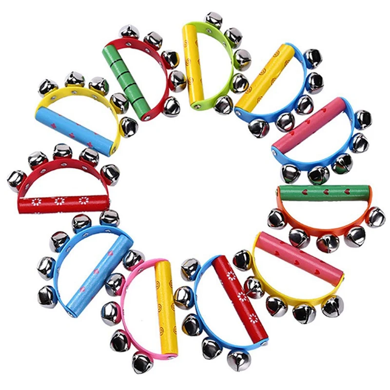 

10Pcs Vivid Color Jingle Bells Sleigh Bells Instrument On Wooden Handle For Baby Kids Children Musical Toys