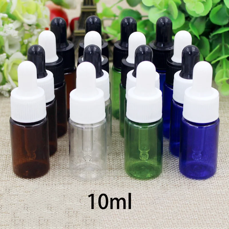 

10ml Plastic Dropper Bottle Refillable Small Essential Oil Container Empty Mixing Perfume Bottles Green Brown Blue Free Shipping