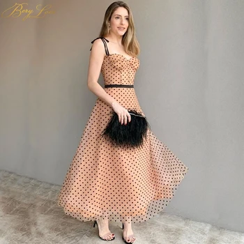 

Dot Tulle Prom Dress Orange Sweetheart Formal Dress Off the Shoulder Cups Young Girl Gown Black Straps Blet Evening Gown New