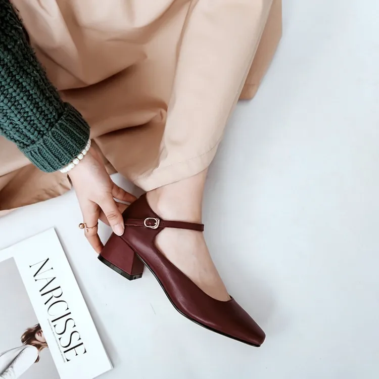 

WOMEN'S Genuine Leather Shoes 2018 A- line Female Spring Mary Jane Shoes Women's Retro Square Head Chunky-Heel New Style Buckle