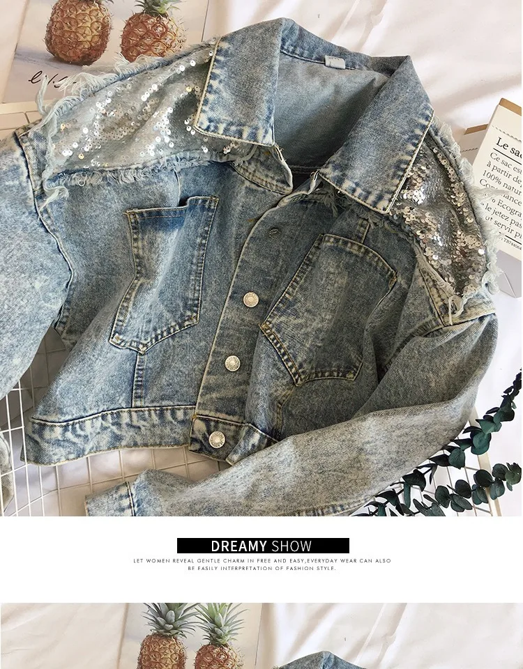 Neploe Cowboy Jacket Women Autumn New Korean Loose High Waist Short Jeans Coat Single Button Sequins Demin Outwear 53718