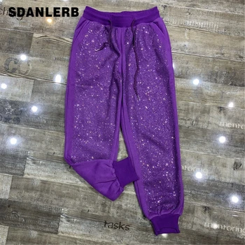 

European Street Pants Women Spring Winter New Heavy Industry Diamond Elastic-Waist Comfortable Casual Pants Women's Trousers