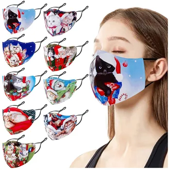 

Unisex Adult Christmas Face Mask Fashion Lovely Cat Print Reusable Washable Dustproof Adjustable Earloop Masks Mascherina