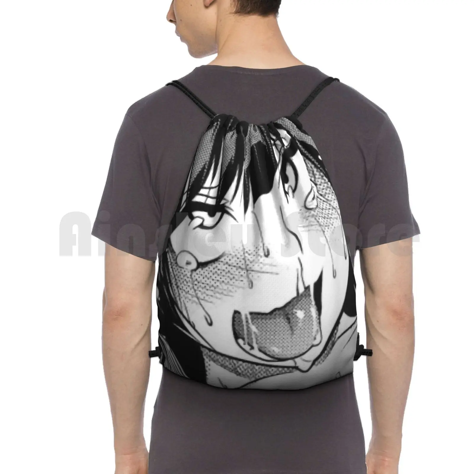 Funny Anime Shy Girl Face Travel Shoulder Bags Large Drawstring Backpack Gym String Bag 16 L X 15 W