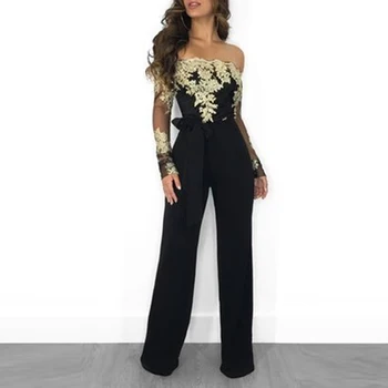 

Women Sexy Off Shoulder Slash Neck Long Sleeve Women Rompers Lace Patchwork Jumpsuit Elegant Slim Wide Leg Jumpsuit Overalls