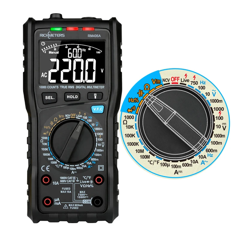 RM406A Color Box Цифровой мультиметр RM406A, Аналоговый тестер емкость, постоянный ток, 10000 отсчетов, мультиметровый цифровой профессиональный антисжигательный сигнал - Цвет: RM406A Color Box