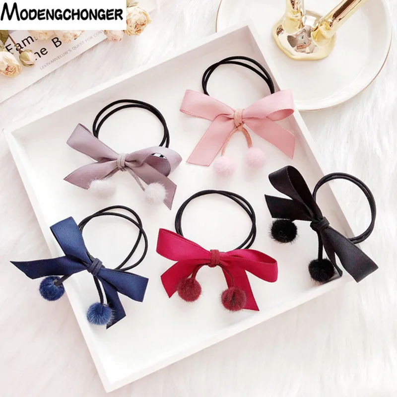 

Fashion Flannelette Bow Elastic Hair Rope For Woman Pompon Pendant Hair Tie Ponytail Holder Hair Ring Girl Hair Accessories Hot