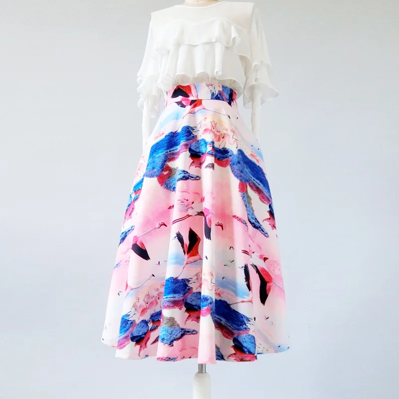 

Spring Fall Winter Elegant Women Printing Colorful A-line Middle Long Skirt Free Shipping XHSD-3391