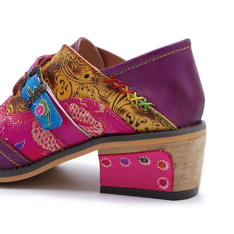 Tuyoki Vintage Pattern Genuine Leather Splicing Buckle Strap Pumps Mixed Color Thick Heels Bohemian Shoes Women Size 36-42