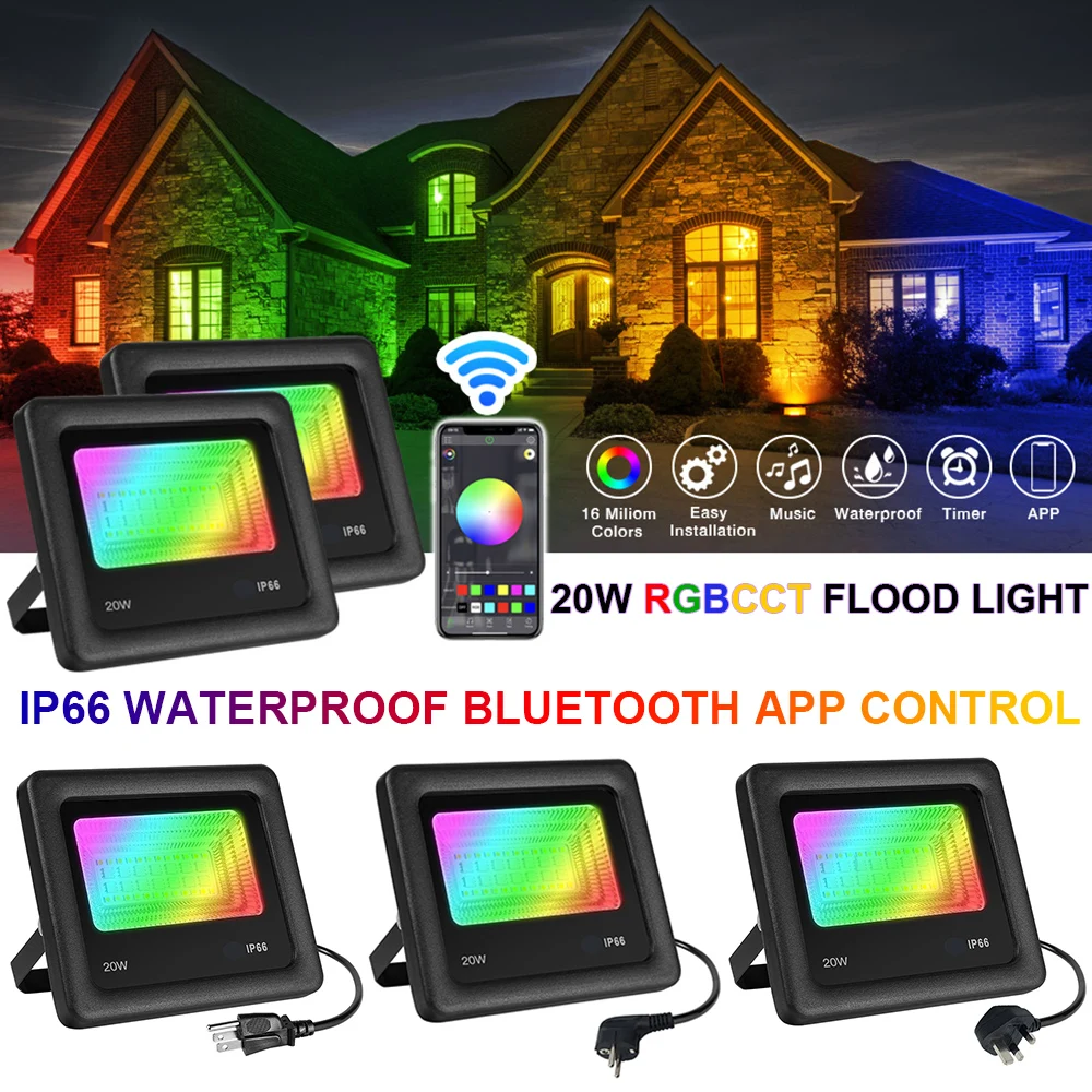 16 Million Colors 27 Modes LED Flood Lights RGB Color Changing 20W Bluetooth APP Control IP66 Waterproof Outdoor Dimmable D30