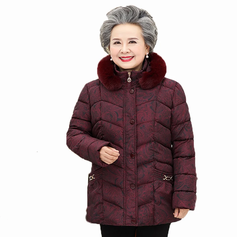 

Elderly Women Winter Warm Parkas Fur Hooded Puffer Basic Coats Grandma Mother Hood Quilted Outerwear Red Blue Green Overcoat Mom