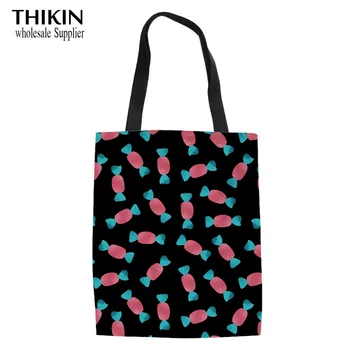 

THIKIN Cartoon Candy Pattern Girls Heavy Duty Shopping Bags for Women Reusable Linen Tote Bag Ladies Foldable Shopper Bag Bolsa