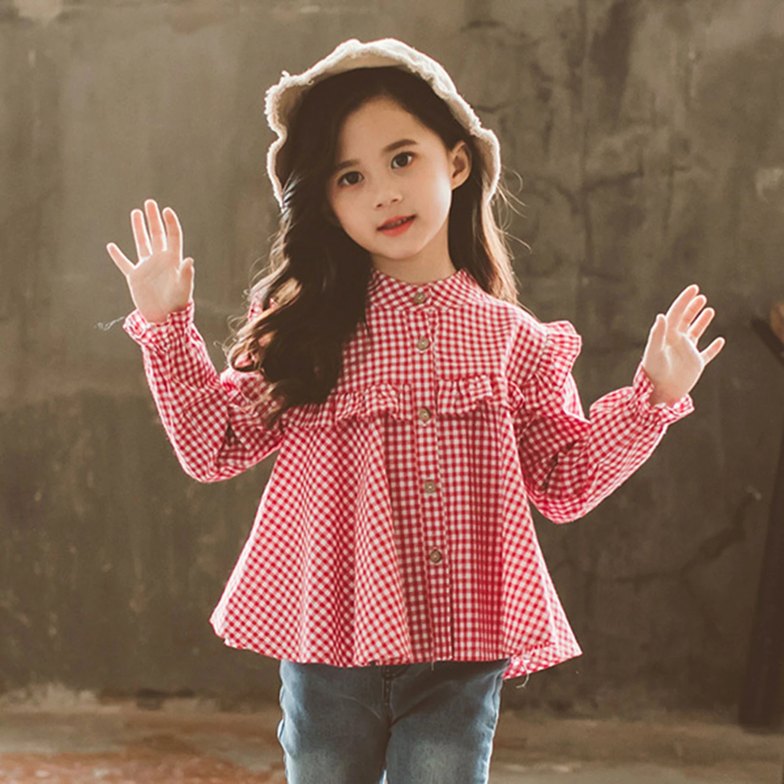 Blusa manga larga para niña, camisa de encaje volantes para niño, Tops, ropa a cuadros para niña, primavera y novedad|Blusas y camisas| -