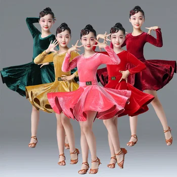 

2019 New Children latin dress girl long sleeve latin dance clothing 5color winter Children latin dancewear