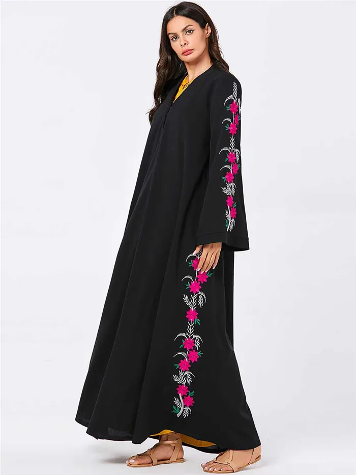 Элегантное макси платье с цветочной мусульманской вышивкой абайя Этническая хиджаб кардиган кимоно длинный халат платья Ближний Восток ИД Рамадан исламский