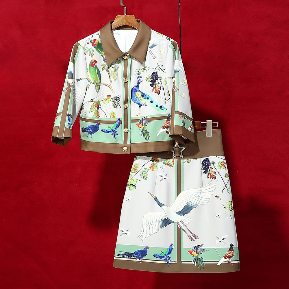 

Red RoosaRosee Designer Autumn Spring Women Vintage 2 Piece Set Bird Print Short Jacket Coat + Diamond Star Skirt Suit Twinset