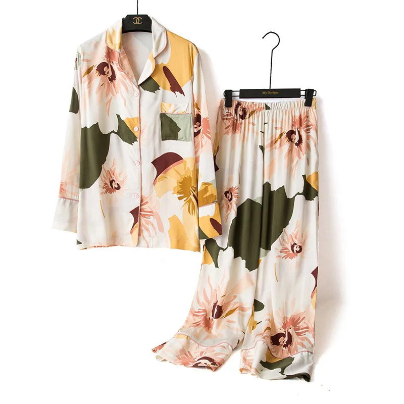 

2020 Spring New Ladies Floral Printed Satin Cardigan+Pants 2PCS Set Women Sleepwear Set Full Sleeve Thin Homewear For Femme