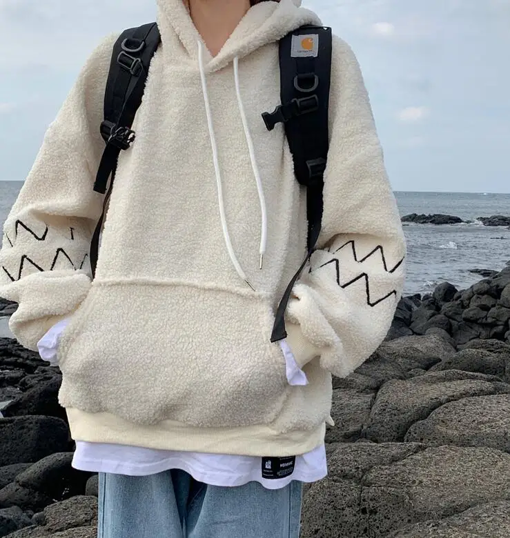 Korean autumn and winter embroidery long-sleeved hooded fake two-piece lamb hair loose sweatshirt women - Цвет: Бежевый