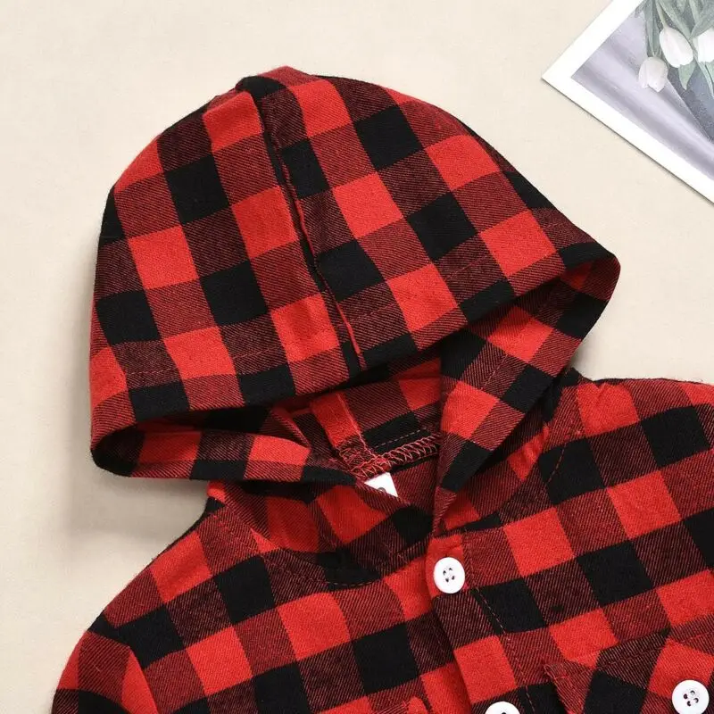Toddler Kid Baby Boy Girl Shirt Red Plaid Fall Long Sleeve Pocket Hooded Top Sweatshirt Outerwear Coat Cute